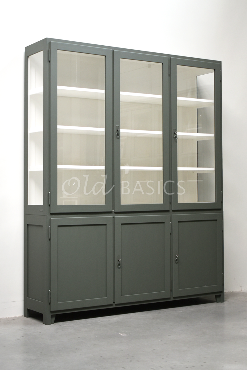 Vitrinekast Jeanette, 3 deuren, RAL7009, groen, grijs, materiaal hout